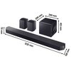 Na zdjęciu znajduje się czarny soundbar, dwa głośniki surround oraz subwoofer. Obok każdego elementu widoczne są wymiary: soundbar ma 1232 mm długości i 70 mm wysokości, głośniki surround mają 249 mm wysokości, a subwoofer ma wymiary 249 mm x 413 mm.