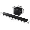 Na zdjęciu znajduje się czarny soundbar oraz bezprzewodowy subwoofer. Soundbar ma wymiary 1110,7 mm długości, 60,4 mm wysokości i 120 mm głębokości, a subwoofer ma wymiary 249 mm szerokości, 249 mm głębokości i 251,8 mm wysokości.