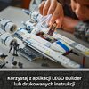 Na zdjęciu widoczny jest model myśliwca z klocków LEGO, z otwartą kabiną, do której wkładana jest figurka. Na dole zdjęcia znajduje się tekst: "Korzystaj z aplikacji LEGO Builder lub drukowanych instrukcji".