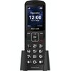 Czarny telefon komórkowy z dużymi przyciskami numerycznymi i ekranem wyświetlającym godzinę 12:00 oraz datę 12.11.2024. Na ekranie widoczne są również napisy: "Operator", "Menu", "Kontakty", a poniżej logo "maxcom".