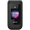Czarny telefon z klapką marki maxcom, na którego zewnętrznym wyświetlaczu widoczna jest godzina 12:00 oraz data 2021.07.23 na tle kolorowego wzoru. Powyżej ekranu znajduje się mała kamera i dioda.