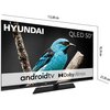 Telewizor marki HYUNDAI z ekranem QLED 50", na którym widoczny jest niebieski ptak na gałęzi, posiada oznaczenia "android tv" oraz "Dolby Atmos". Wymiary telewizora to 112,00 cm szerokości, 70,10 cm wysokości i 23,50 cm głębokości.