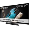 Telewizor marki HYUNDAI z ekranem QLED 50", na którym widoczny jest niebieski ptak siedzący na gałęzi. Na ekranie znajdują się napisy: "android tv" oraz "Dolby Atmos".
