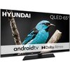 Telewizor marki Hyundai z ekranem QLED 65", na którym wyświetlany jest obraz niebieskiego ptaka siedzącego na gałęzi. Na ekranie widoczne są napisy: "HYUNDAI", "QLED 65"", "android tv", "Dolby Atmos".