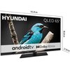 Telewizor marki HYUNDAI o przekątnej 65 cali z technologią QLED, wyświetla obraz z niebieskim ptakiem na gałęzi. Na ekranie widoczne są napisy: "android tv" oraz "Dolby Atmos", a wymiary telewizora to 145,30 cm szerokości, 89,30 cm wysokości i 27,50 cm gł