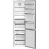 Lodówka WHIRLPOOL WHK26402XP4E No Frost 203.5cm Inox jest otwarta, ukazując wnętrze z kilkoma półkami, szufladami i uchwytami na drzwiach. Wewnątrz widoczne są napisy "FRESH BOX" i "DAIRY BOX" na szufladach.