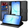 Czarne etui TECH-PROTECT AirWallet do Samsung Galaxy A16 4G/5G z funkcją portfela, zawierające kieszenie na karty płatnicze i banknoty. Na ekranie telefonu widoczny jest napis "Galaxy A17".