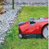 Czerwony robot koszący znajduje się na trawniku, obok ścieżki z białych kamieni. Na obudowie widoczny jest napis "PURE POWER FREELEXO CAM CONNECT".