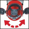 Czerwony kask ochronny z widocznym wnętrzem, wyposażony w czarne paski i perforowaną wyściółkę. Na dole zdjęcia znajduje się czerwony symbol strzałki wskazujący obrót.