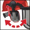 Czerwony kask ochronny z zamontowanymi nausznikami i siatką ochronną. Na nauszniku widoczny jest tekst: "EINHELL BG-SH 1, CE 2754, SNR: 23dB, EN352-3: 2020-6".