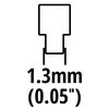 Na zdjęciu znajduje się schematyczny rysunek przedstawiający kształt elementu łańcucha do piły. Pod rysunkiem widnieje tekst: "1.3mm (0.05")".