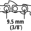 Na ilustracji widoczny jest schematyczny rysunek fragmentu łańcucha do piły z zaznaczonymi wymiarami. Pod rysunkiem znajduje się tekst: "9.5 mm (3/8")".