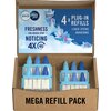 Otwarty karton z napisem "MEGA REFILL PACK" zawiera osiem wkładów do odświeżacza powietrza z niebieskimi i białymi elementami. Na wewnętrznej stronie pokrywy widnieje napis: "FRESHNESS YOU NEVER STOP NOTICING 4X UP TO 90 DAYS, 4 x PLUG-IN REFILLS, LENOR S