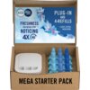 Otwarty karton zawiera biały dyfuzor i cztery niebieskie wkłady do odświeżacza powietrza. Na wewnętrznej stronie pokrywy widnieje napis: "Febreze ambi pur Lenor PLUG-IN AND 4x REFILLS FRESHNESS YOU NEVER STOP NOTICING 4X UP TO 90 DAYS LENOR SPRING AWAKENI