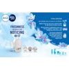 Na zdjęciu znajduje się reklama produktu "Wkład do odświeżacza powietrza AMBI PUR 3Volution April Fresh Mega Starter Kit 20 ml (4 sztuki)" z logo Febreze, Ambi Pur i Lenor, otoczona niebieskimi kwiatami. Tekst informuje o świeżości trwającej do 90 dni, cy