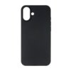 Czarne etui silikonowe z wycięciem na aparat i dodatkowym otworem, przeznaczone do telefonu Apple iPhone 16 Plus. Produkt ma gładką powierzchnię i zaokrąglone krawędzie.