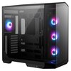 Czarna obudowa komputera z przezroczystymi panelami, wewnątrz której znajdują się cztery wentylatory z podświetleniem RGB. Na dolnym panelu widoczne są porty USB, audio oraz przycisk zasilania.