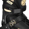 Czarno-beżowe łyżworolki z widocznym logo "NILS EXTREME" oraz napisem "2-IN-1 SKATES" na górnej części. Na pasku znajduje się również okrągłe logo z literą "X".