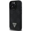 Czarne etui na telefon z teksturą wytłoczoną w geometryczne wzory i symbole. Na dole znajduje się trójkątne logo z napisem "GUESS U.S.A." oraz znakiem zapytania.