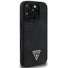 Czarne etui na telefon z teksturą wytłoczonych wzorów i trójkątnym logo z napisem "GUESS U.S.A." oraz znakiem zapytania. Etui jest zaprojektowane do modelu Apple iPhone 16 Pro i posiada wycięcia na aparat oraz przyciski.