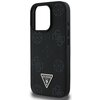 Czarne etui na telefon z teksturą w drobne wzory i wytłoczonymi motywami kwiatowymi. Na dole znajduje się trójkątne logo z napisem "GUESS U.S.A." oraz znakiem zapytania.