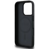 Czarne etui na telefon z wycięciem na aparat i przyciski, wewnątrz widoczny okrągły wzór z napisem "GUESS EST 1981". Etui jest przeznaczone do modelu Apple iPhone 16 Pro i posiada funkcję MagSafe.
