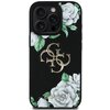 Czarne etui na telefon ozdobione jest białymi różami i zielonymi liśćmi. Na środku widnieje złote logo z literami "G" i "C", a na dole znajduje się napis "GUESS".