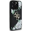 Czarne etui na telefon z teksturą, ozdobione białymi różami i złotym logo składającym się z liter "G" i "C". Na dole widoczny jest napis "GUESS" w złotym kolorze.
