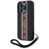Czarno-czerwone etui na telefon z trzema pionowymi paskami w kolorach białym, czerwonym i beżowym, z napisem "KARL LAGERFELD" na środku. Etui posiada czarny sznurek przymocowany do dolnej części.