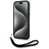 Czarno-czerwone etui na telefon z widocznym uchwytem na nadgarstek, wykonane z materiału o fakturze przypominającej skórę saffiano. Etui ma wycięcie na aparat oraz przyciski boczne, a jego powierzchnia jest gładka i jednolita.