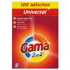Opakowanie proszku do prania z napisem "100 Wäschen Universal" na górze oraz "Gama 3 in 1" na środku, otoczone kolorowymi grafikami. Po lewej stronie znajdują się cechy produktu: "Kraftvoller gegen Flecken", "Frischer Duft", "Hautverträglich".