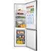 Czarna lodówka ETA No Frost o wysokości 180 cm z otwartymi drzwiami, ukazująca wnętrze z półkami wypełnionymi różnorodnymi produktami spożywczymi, w tym butelkami wody, napojami, owocami, warzywami, serem, jajkami oraz garnkiem. Na drzwiach widoczne są bu