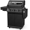 Czarny grill gazowy z czterema pokrętłami na panelu przednim, z logo "KOLER" na pokrywie oraz termometrem. Grill posiada boczną półkę i zamykane szafki na dole.