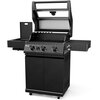 Czarny grill gazowy z czterema pokrętłami na panelu przednim, otwartą pokrywą i bocznymi półkami. Na panelu widoczny jest napis "KOLER Krone Compact Pro".