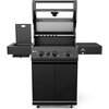 Czarny grill gazowy z trzema pokrętłami regulacyjnymi na panelu przednim, otwartą pokrywą i dodatkowymi półkami po bokach. Na panelu widoczny jest napis "Compact Pro".