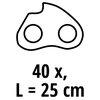 Na zdjęciu znajduje się schematyczny rysunek ogniwa łańcucha z dwoma okrągłymi otworami. Poniżej widnieje tekst: "40 x, L = 25 cm".