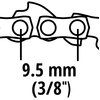 Czarno-biały schemat przedstawia fragment łańcucha do piły z zaznaczonymi wymiarami. Widoczny jest tekst: "9.5 mm (3/8")".
