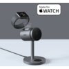Szara ładowarka indukcyjna AUKEY LC-MC311A 3w1 Pro 15W z chłodzeniem, z logo AUKEY, prezentuje się na tle szarej ściany. Obok widoczny jest napis "Made for Apple WATCH".