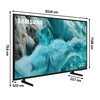 Na zdjęciu widoczny jest telewizor z wyświetlaczem przedstawiającym lodowy krajobraz w odcieniach niebieskiego, z logo "SAMSUNG" w lewym górnym rogu i oznaczeniem "QLED" w prawym dolnym rogu. Wymiary telewizora to 123,41 cm szerokości, 75,8 cm wysokości, 