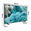 Telewizor z wyświetlaczem QLED o przekątnej 65 cali, z widocznymi wymiarami: 145,29 cm szerokości, 87,95 cm wysokości, 6,06 cm grubości i 26,74 cm głębokości podstawy. Na ekranie widoczny jest obraz z motywem lodu i futra, a w lewym górnym rogu znajduje s