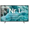 Telewizor z wyświetlonym obrazem przedstawiającym turkusowe fale i tekst: "Nr 1 na świecie. Najczęściej kupowane telewizory od 19 lat." Widoczne logo "SAMSUNG" oraz "QLED".