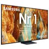 Telewizor z widocznym logo "SAMSUNG" oraz napisami "Nr 1 NA ŚWIECIE" i "Najczęściej kupowane telewizory od 19 lat" na tle abstrakcyjnej grafiki w odcieniach pomarańczowego i niebieskiego. W prawym dolnym rogu znajduje się napis "Neo QLED".