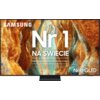 Na zdjęciu widoczny jest telewizor z kolorowym, abstrakcyjnym tłem, na którym znajduje się tekst: "SAMSUNG Nr 1 NA ŚWIECIE Najczęściej kupowane telewizory od 19 lat Neo QLED".