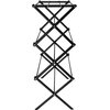 Czarna suszarka na pranie o konstrukcji krzyżakowej, wykonana z metalu, z kilkoma poziomymi prętami do wieszania ubrań. Produkt ma nowoczesny design i jest przeznaczony do użytku domowego.