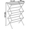 Na ilustracji znajduje się schematyczny rysunek suszarki na pranie z wymiarami: 104 cm wysokości, 73 cm szerokości i 38 cm głębokości. Suszarka ma konstrukcję składaną z kilkoma poziomymi prętami do wieszania prania.