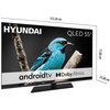 Na zdjęciu widoczny jest telewizor z logo "HYUNDAI" oraz napisami "QLED 55"", "android tv", "Dolby Atmos". Na ekranie wyświetlany jest obraz niebieskiego ptaka siedzącego na gałęzi, a obok telewizora podane są jego wymiary: 123,30 cm szerokości, 77,00 cm 
