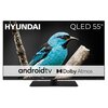 Na zdjęciu widoczny jest telewizor z wyświetlonym obrazem niebieskiego ptaka siedzącego na gałęzi, z tekstem "HYUNDAI QLED 55"", "androidtv", "Dolby Atmos".