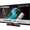 Telewizor marki HYUNDAI z ekranem QLED 55", na którym widoczny jest obraz niebieskiego ptaka na gałęzi. Na ekranie znajdują się napisy: "android tv" oraz "Dolby Atmos".