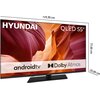Telewizor marki HYUNDAI o przekątnej 55 cali z technologią QLED, wyświetla kolorowy, abstrakcyjny wzór na ekranie. Na ekranie widoczne są napisy: "androidtv", "Dolby Atmos", a wymiary telewizora to 123,30 cm szerokości, 77,00 cm wysokości i 25,00 cm głębo