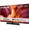 Telewizor marki HYUNDAI z ekranem QLED 55" wyświetla obraz z motywem skalnym w odcieniach pomarańczowo-czerwonych. Na ekranie widoczne są napisy: "android tv", "Dolby Atmos", "HYUNDAI" oraz "QLED 55"".